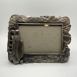 Vintage Golf Theme Pewter Metal Picture Frame 3D Golf Bag Golfer Scene 3x5